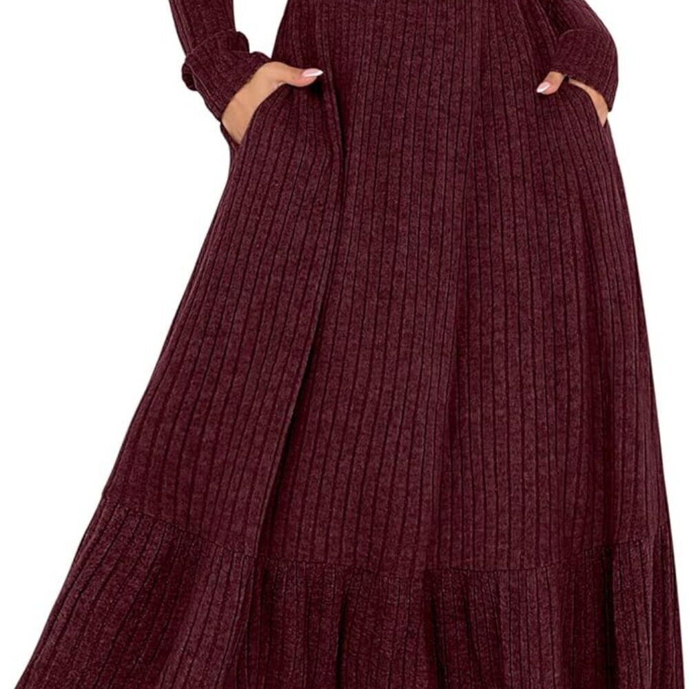 Women's Long Sleeve Midi Dress Rib Knit Crew Neck A Line Flowy Casual